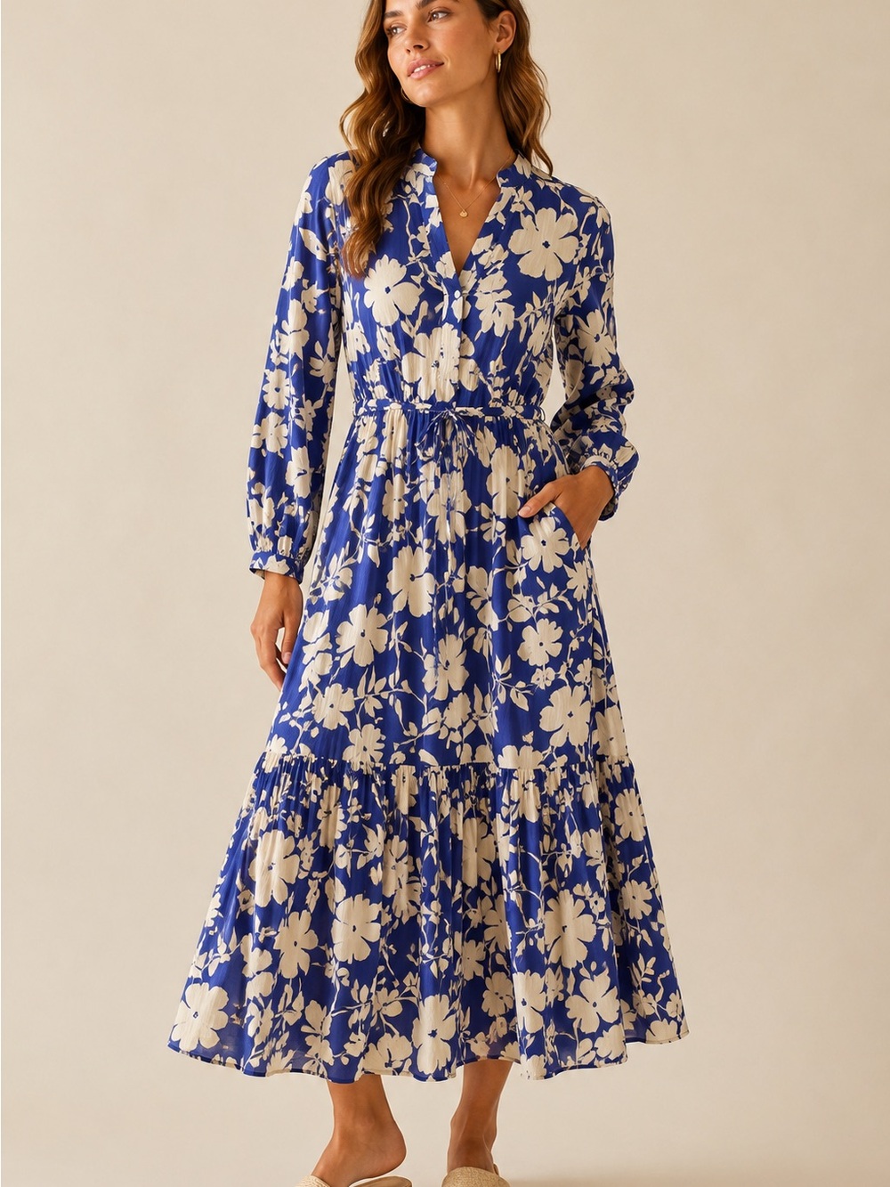 Olivia James The Label Blue Floral Cotton Tiered Midi Dress Resort Boho